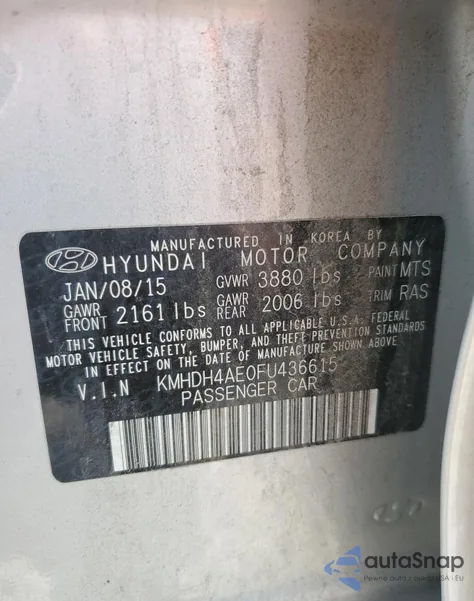 2015 Hyundai Elantra Se from USA, damaged, VIN KMHDH4AE0FU436615